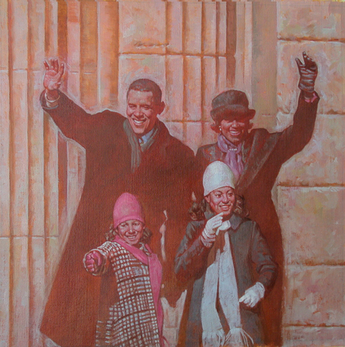 Barrack Obama and Michelle Obama with their daughters